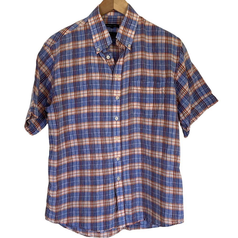DalyDress Mens 100% Linen‎ Short Sleeve Button Front Shirt Size M Blue Orange